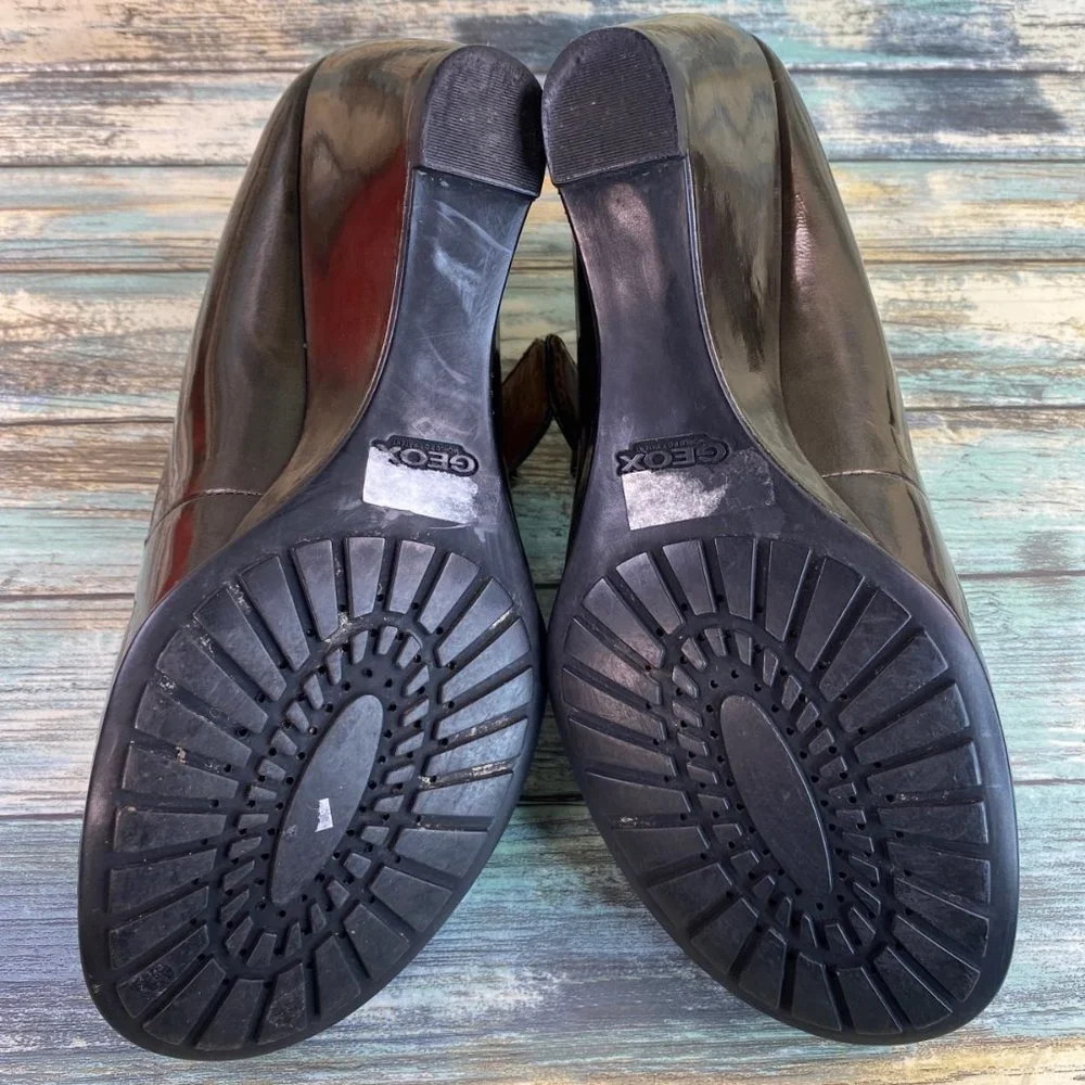 Geox Mary Jane Shoes Womens Size 9M Dark Bronze Patent Leather Wedge Heel